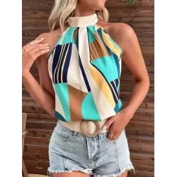 Pleated Printed Loose Sleeveless Halter-Neck Vest Top
