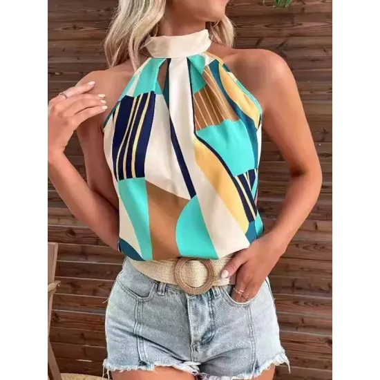 Pleated Printed Loose Sleeveless Halter-Neck Vest Top Pleated Printed Loose Sleeveless Halter-Neck Vest Top