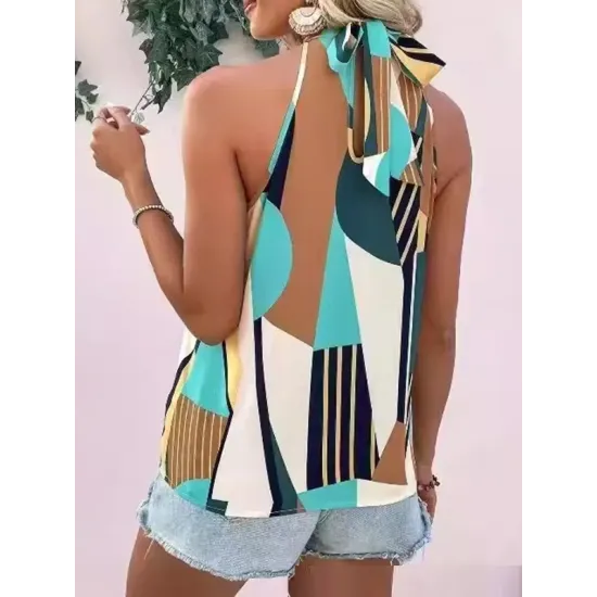 Pleated Printed Loose Sleeveless Halter-Neck Vest Top Pleated Printed Loose Sleeveless Halter-Neck Vest Top