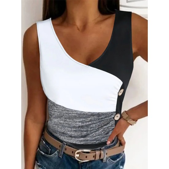 Contrast Color Elasticity Pleated Split-Joint Skinny Sleeveless V-neck Vest Top Contrast Color Elasticity Pleated Split-Joint Skinny Sleeveless V-neck Vest Top