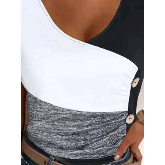 Contrast Color Elasticity Pleated Split-Joint Skinny Sleeveless V-neck Vest Top Contrast Color Elasticity Pleated Split-Joint Skinny Sleeveless V-neck Vest Top