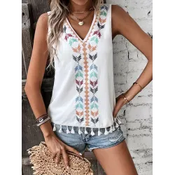 Embroidered Tasseled Loose Sleeveless V-Neck Vest Top