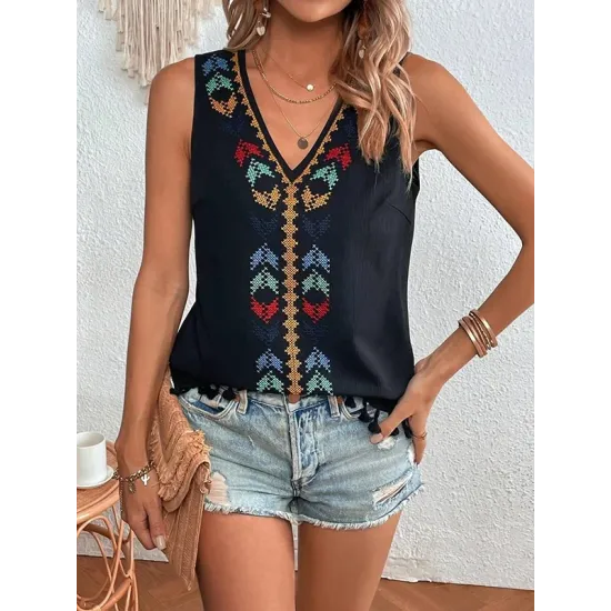 Embroidered Tasseled Loose Sleeveless V-Neck Vest Top Embroidered Tasseled Loose Sleeveless V-Neck Vest Top