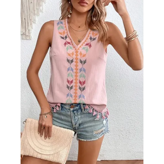 Embroidered Tasseled Loose Sleeveless V-Neck Vest Top Embroidered Tasseled Loose Sleeveless V-Neck Vest Top
