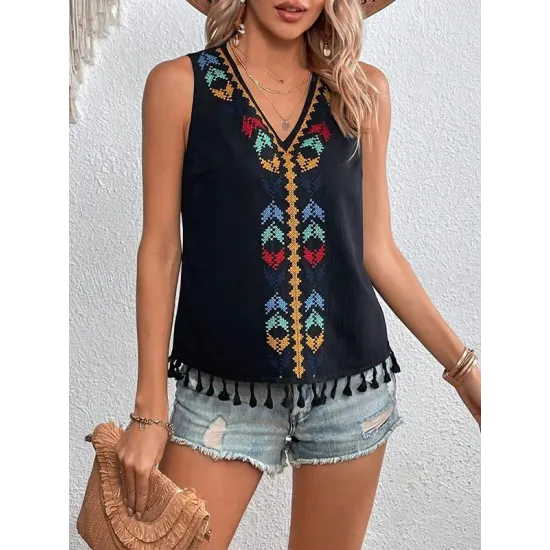 Embroidered Tasseled Loose Sleeveless V-Neck Vest Top Embroidered Tasseled Loose Sleeveless V-Neck Vest Top