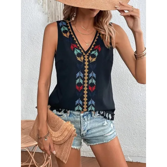 Embroidered Tasseled Loose Sleeveless V-Neck Vest Top Embroidered Tasseled Loose Sleeveless V-Neck Vest Top