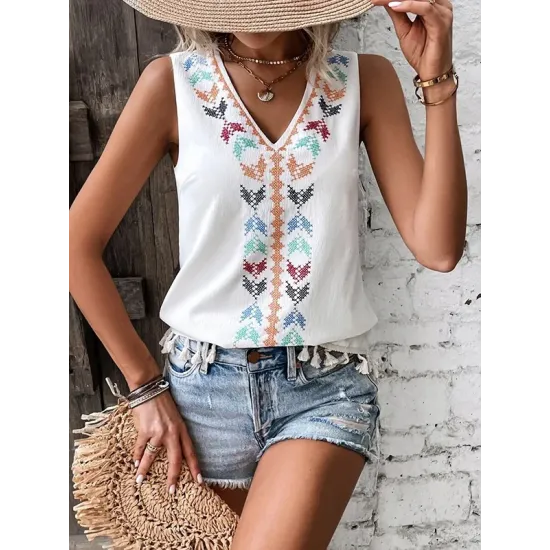 Embroidered Tasseled Loose Sleeveless V-Neck Vest Top Embroidered Tasseled Loose Sleeveless V-Neck Vest Top