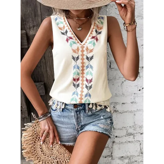 Embroidered Tasseled Loose Sleeveless V-Neck Vest Top Embroidered Tasseled Loose Sleeveless V-Neck Vest Top