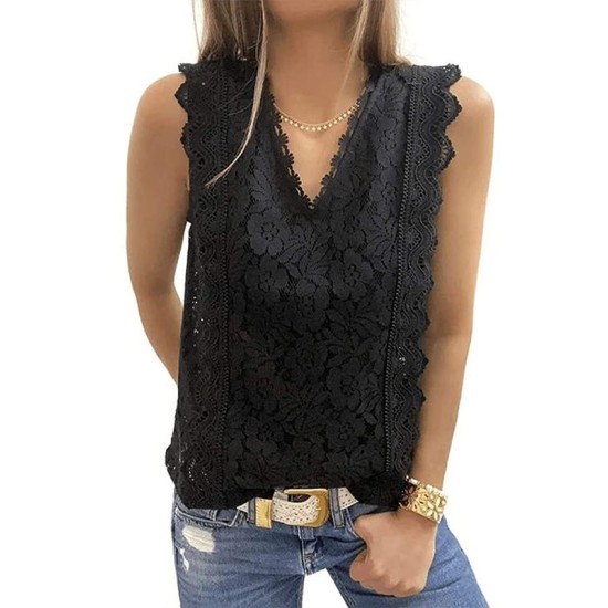 Original Lace Embroidered Solid Color Falbala Vest Top Original Lace Embroidered Solid Color Falbala Vest Top