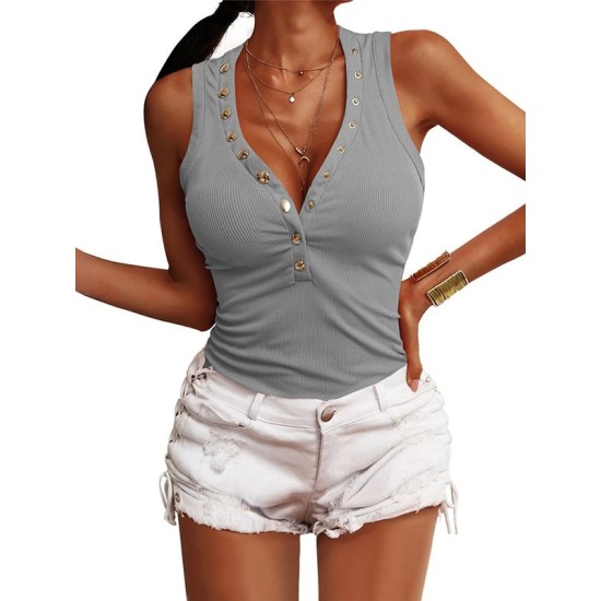 Casual Loose Solid Color Buttoned Skinny Knitting Vest Top Casual Loose Solid Color Buttoned Skinny Knitting Vest Top