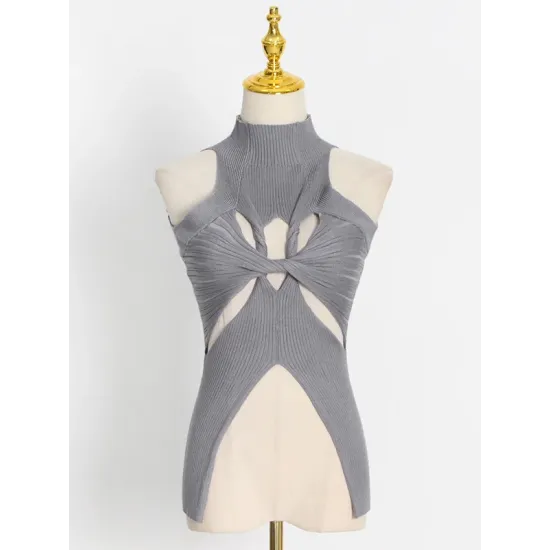 Stylish Irregularity Hollow Split-Joint Solid Color Knitting Vest Top Stylish Irregularity Hollow Split-Joint Solid Color Knitting Vest Top