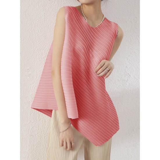 Simple Loose Sleeveless Pleated Asymmetric Solid Color Round-Neck Vest Top Simple Loose Sleeveless Pleated Asymmetric Solid Color Round-Neck Vest Top