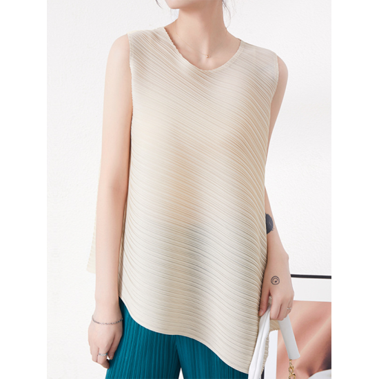Simple Loose Sleeveless Pleated Asymmetric Solid Color Round-Neck Vest Top Simple Loose Sleeveless Pleated Asymmetric Solid Color Round-Neck Vest Top