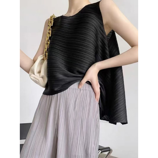 Simple Loose Sleeveless Pleated Asymmetric Solid Color Round-Neck Vest Top Simple Loose Sleeveless Pleated Asymmetric Solid Color Round-Neck Vest Top