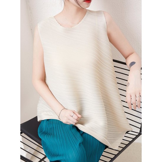 Simple Loose Sleeveless Pleated Asymmetric Solid Color Round-Neck Vest Top Simple Loose Sleeveless Pleated Asymmetric Solid Color Round-Neck Vest Top