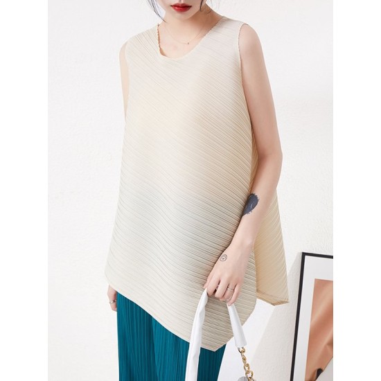 Simple Loose Sleeveless Pleated Asymmetric Solid Color Round-Neck Vest Top Simple Loose Sleeveless Pleated Asymmetric Solid Color Round-Neck Vest Top