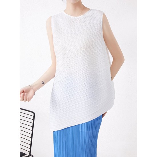 Simple Loose Sleeveless Pleated Asymmetric Solid Color Round-Neck Vest Top Simple Loose Sleeveless Pleated Asymmetric Solid Color Round-Neck Vest Top