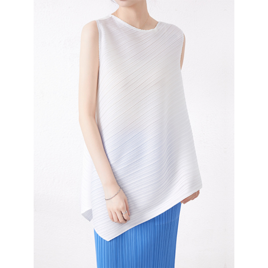 Simple Loose Sleeveless Pleated Asymmetric Solid Color Round-Neck Vest Top Simple Loose Sleeveless Pleated Asymmetric Solid Color Round-Neck Vest Top