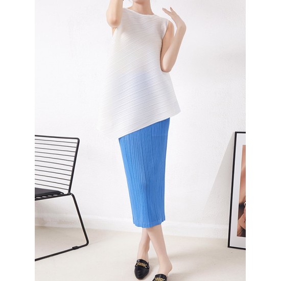 Simple Loose Sleeveless Pleated Asymmetric Solid Color Round-Neck Vest Top Simple Loose Sleeveless Pleated Asymmetric Solid Color Round-Neck Vest Top