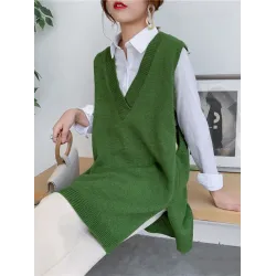 Trendy Sleeveless Split-Side Solid Color V-Neck Knitted Vest