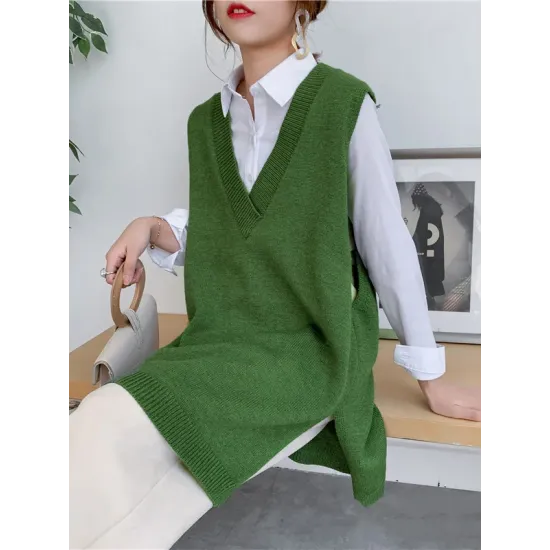 Trendy Sleeveless Split-Side Solid Color V-Neck Knitted Vest Trendy Sleeveless Split-Side Solid Color V-Neck Knitted Vest