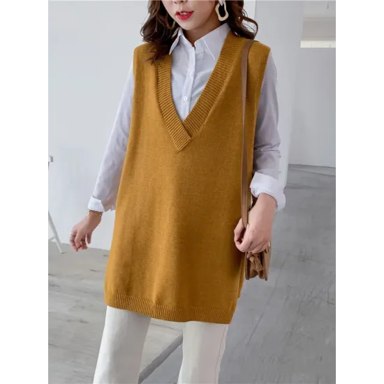 Trendy Sleeveless Split-Side Solid Color V-Neck Knitted Vest Trendy Sleeveless Split-Side Solid Color V-Neck Knitted Vest