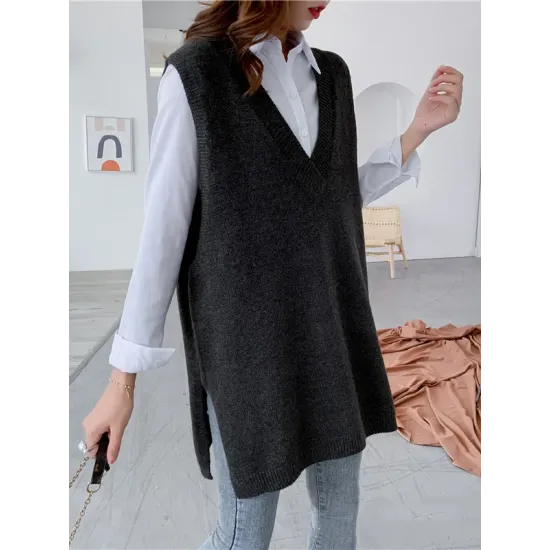 Trendy Sleeveless Split-Side Solid Color V-Neck Knitted Vest Trendy Sleeveless Split-Side Solid Color V-Neck Knitted Vest
