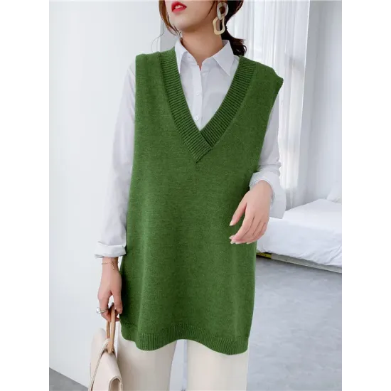Trendy Sleeveless Split-Side Solid Color V-Neck Knitted Vest Trendy Sleeveless Split-Side Solid Color V-Neck Knitted Vest