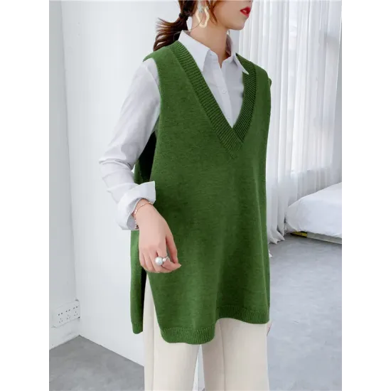 Trendy Sleeveless Split-Side Solid Color V-Neck Knitted Vest Trendy Sleeveless Split-Side Solid Color V-Neck Knitted Vest