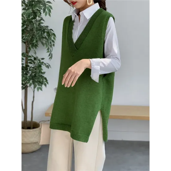 Trendy Sleeveless Split-Side Solid Color V-Neck Knitted Vest Trendy Sleeveless Split-Side Solid Color V-Neck Knitted Vest