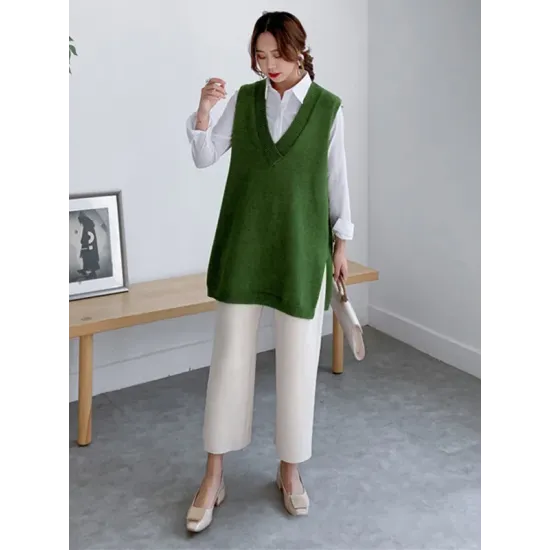 Trendy Sleeveless Split-Side Solid Color V-Neck Knitted Vest Trendy Sleeveless Split-Side Solid Color V-Neck Knitted Vest