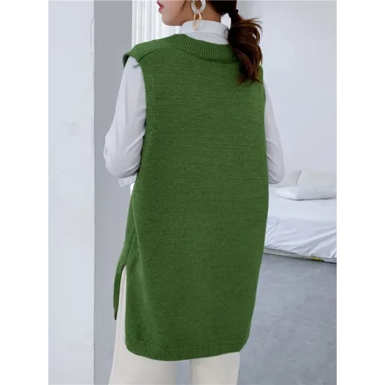 Trendy Sleeveless Split-Side Solid Color V-Neck Knitted Vest Trendy Sleeveless Split-Side Solid Color V-Neck Knitted Vest