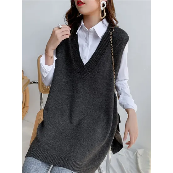 Trendy Sleeveless Split-Side Solid Color V-Neck Knitted Vest Trendy Sleeveless Split-Side Solid Color V-Neck Knitted Vest