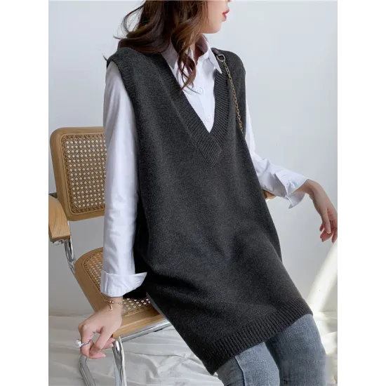 Trendy Sleeveless Split-Side Solid Color V-Neck Knitted Vest Trendy Sleeveless Split-Side Solid Color V-Neck Knitted Vest