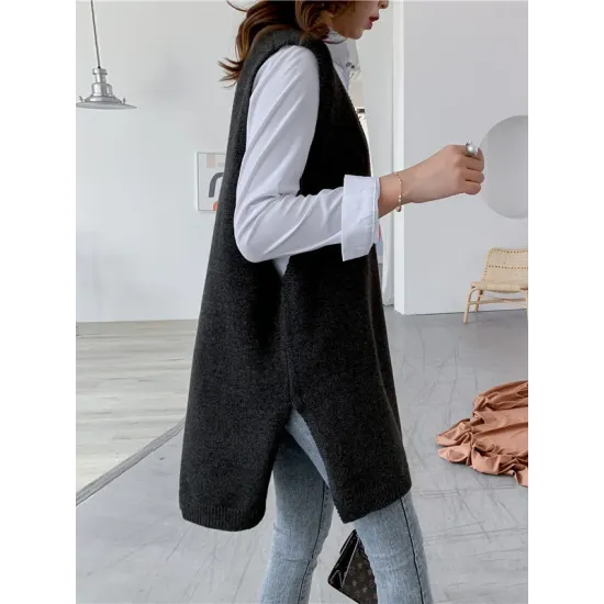 Trendy Sleeveless Split-Side Solid Color V-Neck Knitted Vest Trendy Sleeveless Split-Side Solid Color V-Neck Knitted Vest