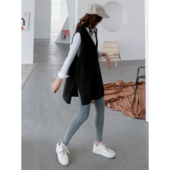 Trendy Sleeveless Split-Side Solid Color V-Neck Knitted Vest Trendy Sleeveless Split-Side Solid Color V-Neck Knitted Vest