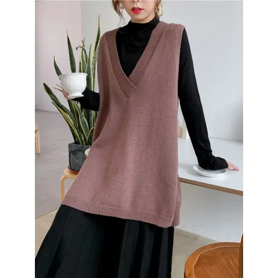 Trendy Sleeveless Split-Side Solid Color V-Neck Knitted Vest Trendy Sleeveless Split-Side Solid Color V-Neck Knitted Vest