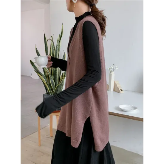 Trendy Sleeveless Split-Side Solid Color V-Neck Knitted Vest Trendy Sleeveless Split-Side Solid Color V-Neck Knitted Vest