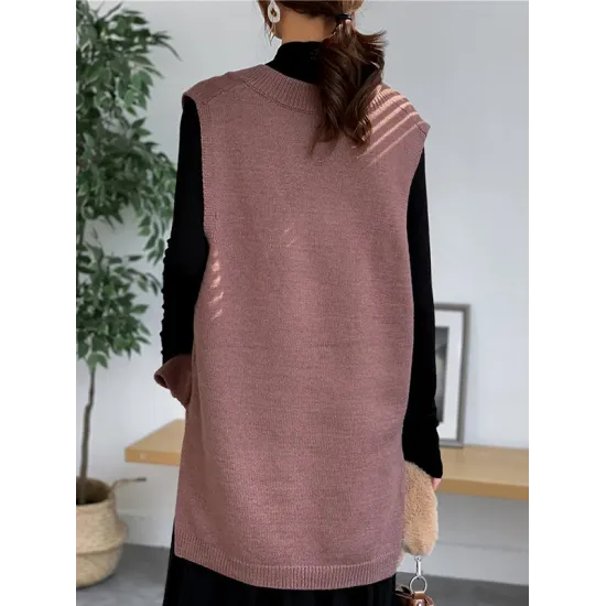 Trendy Sleeveless Split-Side Solid Color V-Neck Knitted Vest Trendy Sleeveless Split-Side Solid Color V-Neck Knitted Vest