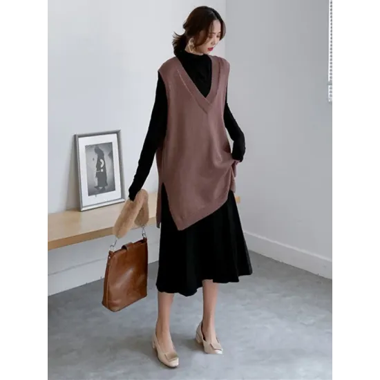 Trendy Sleeveless Split-Side Solid Color V-Neck Knitted Vest Trendy Sleeveless Split-Side Solid Color V-Neck Knitted Vest