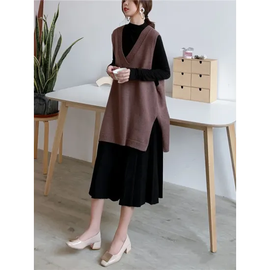 Trendy Sleeveless Split-Side Solid Color V-Neck Knitted Vest Trendy Sleeveless Split-Side Solid Color V-Neck Knitted Vest
