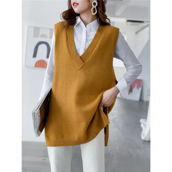 Trendy Sleeveless Split-Side Solid Color V-Neck Knitted Vest Trendy Sleeveless Split-Side Solid Color V-Neck Knitted Vest