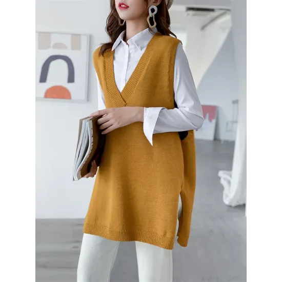 Trendy Sleeveless Split-Side Solid Color V-Neck Knitted Vest Trendy Sleeveless Split-Side Solid Color V-Neck Knitted Vest