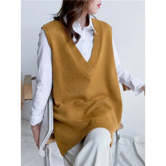Trendy Sleeveless Split-Side Solid Color V-Neck Knitted Vest Trendy Sleeveless Split-Side Solid Color V-Neck Knitted Vest