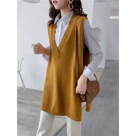 Trendy Sleeveless Split-Side Solid Color V-Neck Knitted Vest Trendy Sleeveless Split-Side Solid Color V-Neck Knitted Vest