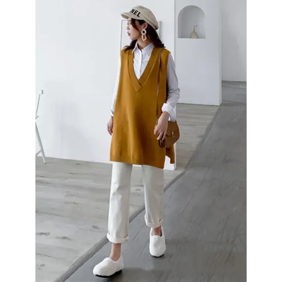 Trendy Sleeveless Split-Side Solid Color V-Neck Knitted Vest Trendy Sleeveless Split-Side Solid Color V-Neck Knitted Vest