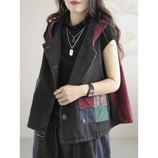 Artistic Retro Loose Denim Sleeveless Buttoned Contrast Color Hooded Vest Outerwear Artistic Retro Loose Denim Sleeveless Buttoned Contrast Color Hooded Vest Outerwear