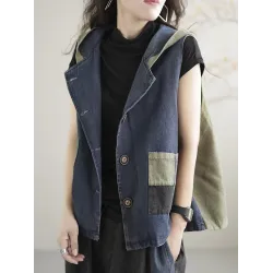Artistic Retro Loose Denim Sleeveless Buttoned Contrast Color Hooded Vest Outerwear