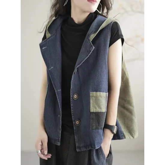 Artistic Retro Loose Denim Sleeveless Buttoned Contrast Color Hooded Vest Outerwear Artistic Retro Loose Denim Sleeveless Buttoned Contrast Color Hooded Vest Outerwear