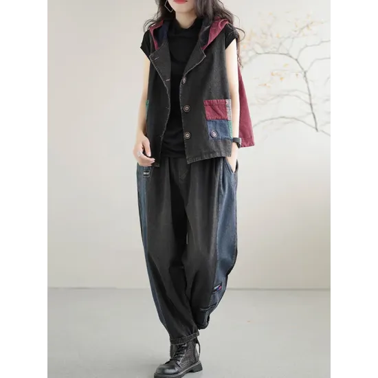 Artistic Retro Loose Denim Sleeveless Buttoned Contrast Color Hooded Vest Outerwear Artistic Retro Loose Denim Sleeveless Buttoned Contrast Color Hooded Vest Outerwear